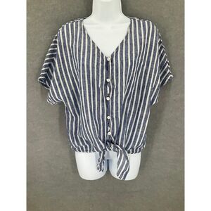 Beach Lunch Lounge Top Sz M Striped Linen Tie Front Button Up‎ Shirt Blue White